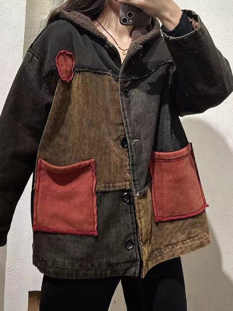 Manteau à capuche doublé en polaire de coton avec patch vintage pour femme