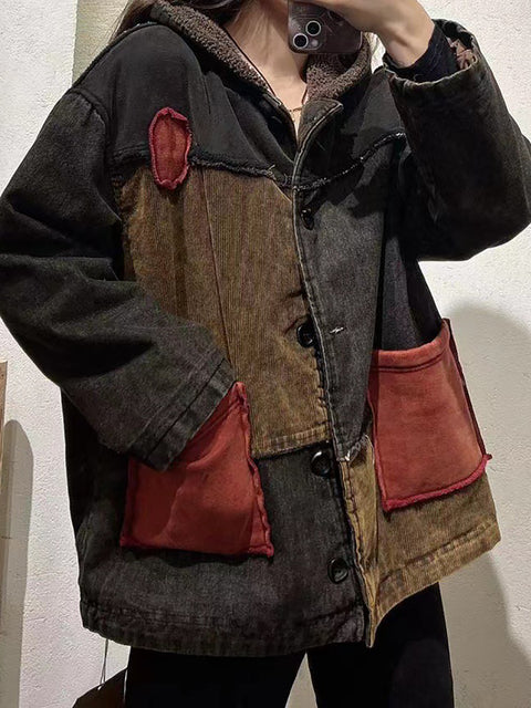 Manteau à capuche doublé en polaire de coton avec patch vintage pour femme