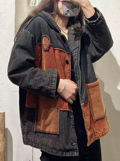 Manteau à capuche doublé en polaire de coton avec patch vintage pour femme