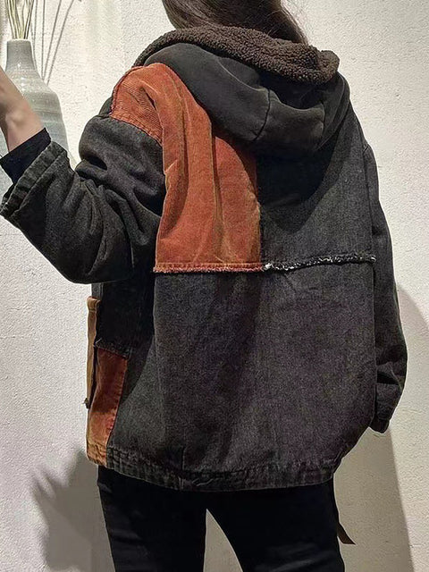 Manteau à capuche doublé en polaire de coton avec patch vintage pour femme