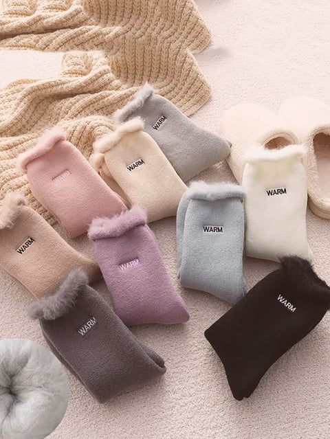 5 paires de chaussettes d'hiver en coton uni pour femmes, doublées de polaire