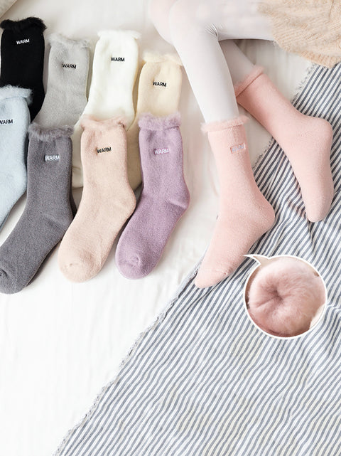 5 paires de chaussettes d'hiver en coton uni pour femmes, doublées de polaire