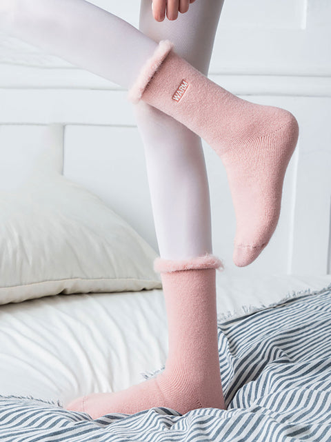 5 paires de chaussettes d'hiver en coton uni pour femmes, doublées de polaire