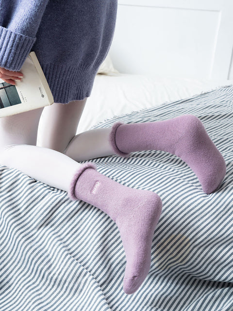 5 paires de chaussettes d'hiver en coton uni pour femmes, doublées de polaire