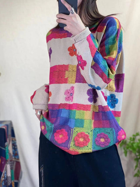 Women Casual Winter Flower Print Knitted Sweater