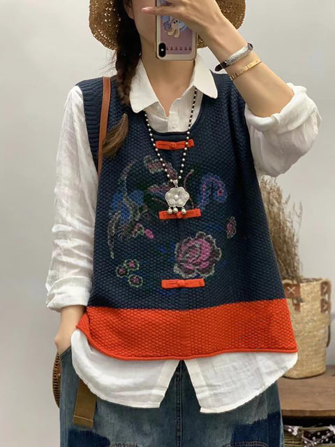 Women Retro Flower Print Colorblock Vest