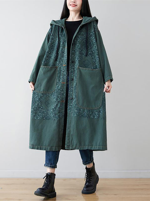 Manteau à capuche long en denim épissé de fleurs artistiques pour femmes