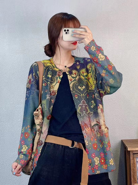 Pull Cardigan tricoté à imprimé floral Artsy pour femme, hiver