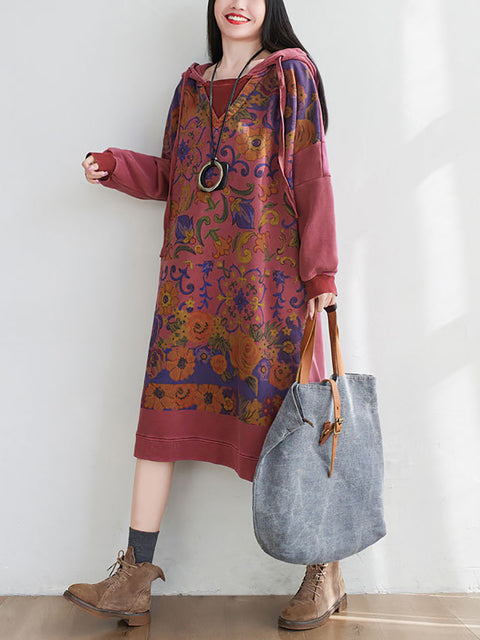 Women Artsy Flower Spring Hooded Cotton Dress