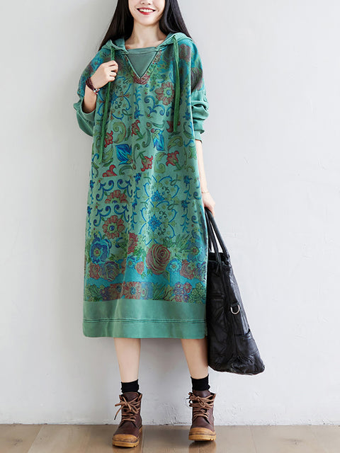 Women Artsy Flower Spring Hooded Cotton Dress