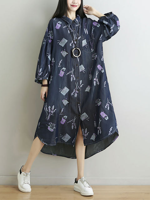 Women Spring Flower Print Loose Denim Dress