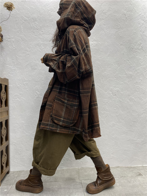 Manteau chemise à capuche à carreaux vintage pour femmes de grande taille