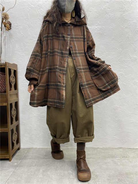 Manteau chemise à capuche à carreaux vintage pour femmes de grande taille