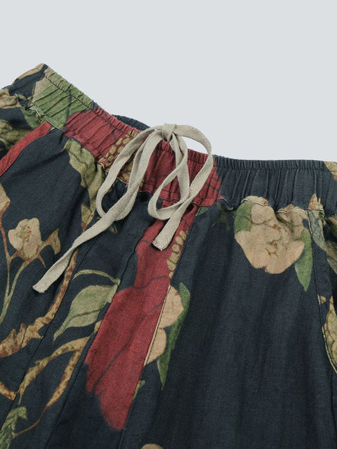 Bloomers épissés en lin à fleurs artistiques pour femmes