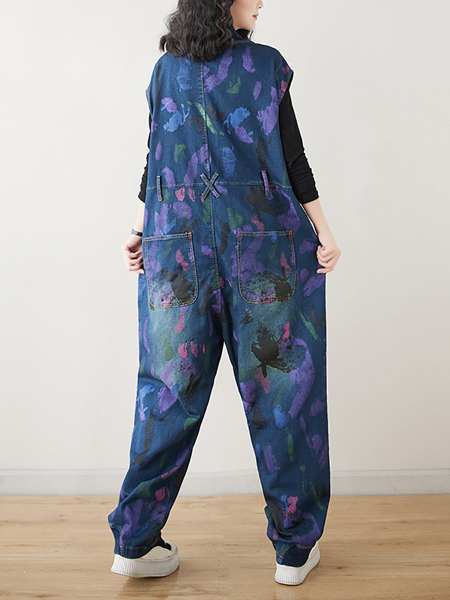 Women Artsy Print Spring Denim Jumpsuits