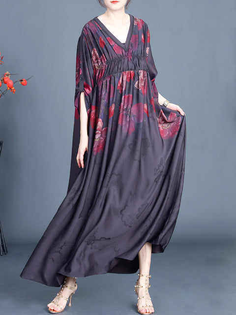 Robe longue froncée à col en V et fleurs de printemps pour femmes