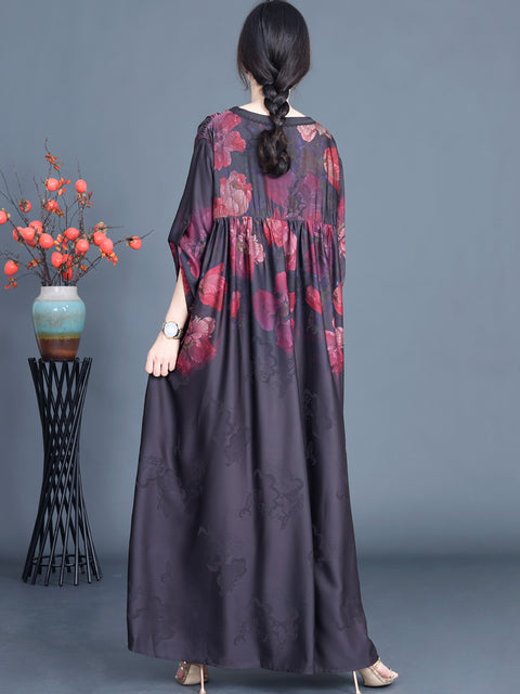 Robe longue froncée à col en V et fleurs de printemps pour femmes