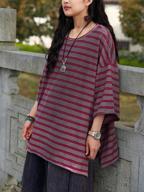 Plus Size Women Casual Summer Stripe Cotton Shirt