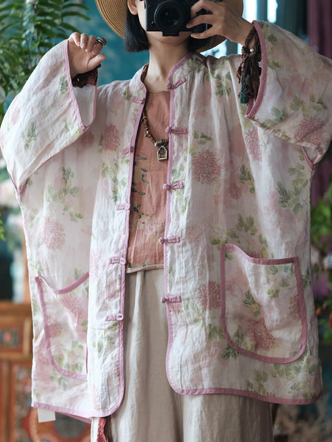 Chemise boutonnée florale Vintage Ramie pour femmes, printemps