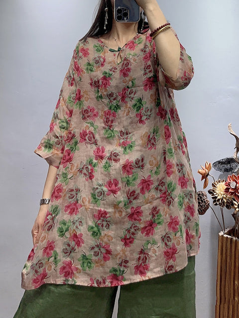 Chemise ample en ramie à fleurs vintage pour femmes de grande taille