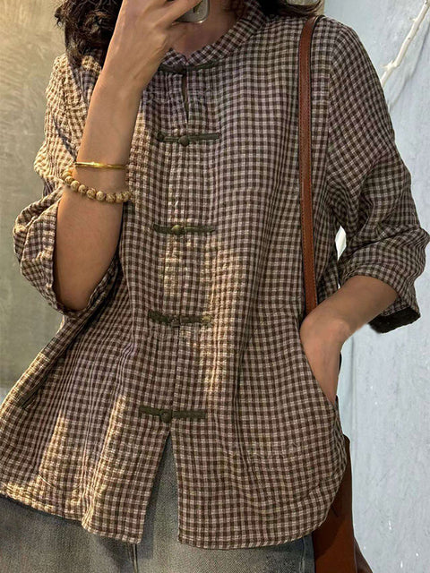 Plus Size Women Retro Plaid Summer Cotton Button-up Shirt