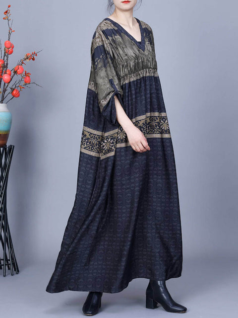 Women Summer Jacquard Spliced Shirred V-Neck Dress