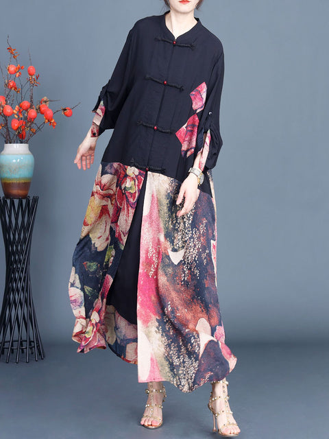 Women Summer Ethnic Flower Spliced Long Shirt Coat