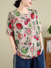 Thumbnail for Women Summer Vintage Print Cutout O-Neck Shirt