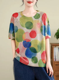 Thumbnail for Women Summer Vintage Print Cutout O-Neck Shirt