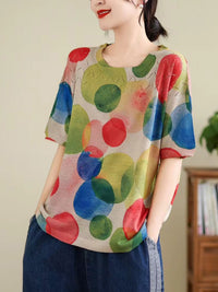 Thumbnail for Women Summer Vintage Print Cutout O-Neck Shirt