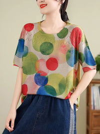 Thumbnail for Women Summer Vintage Print Cutout O-Neck Shirt