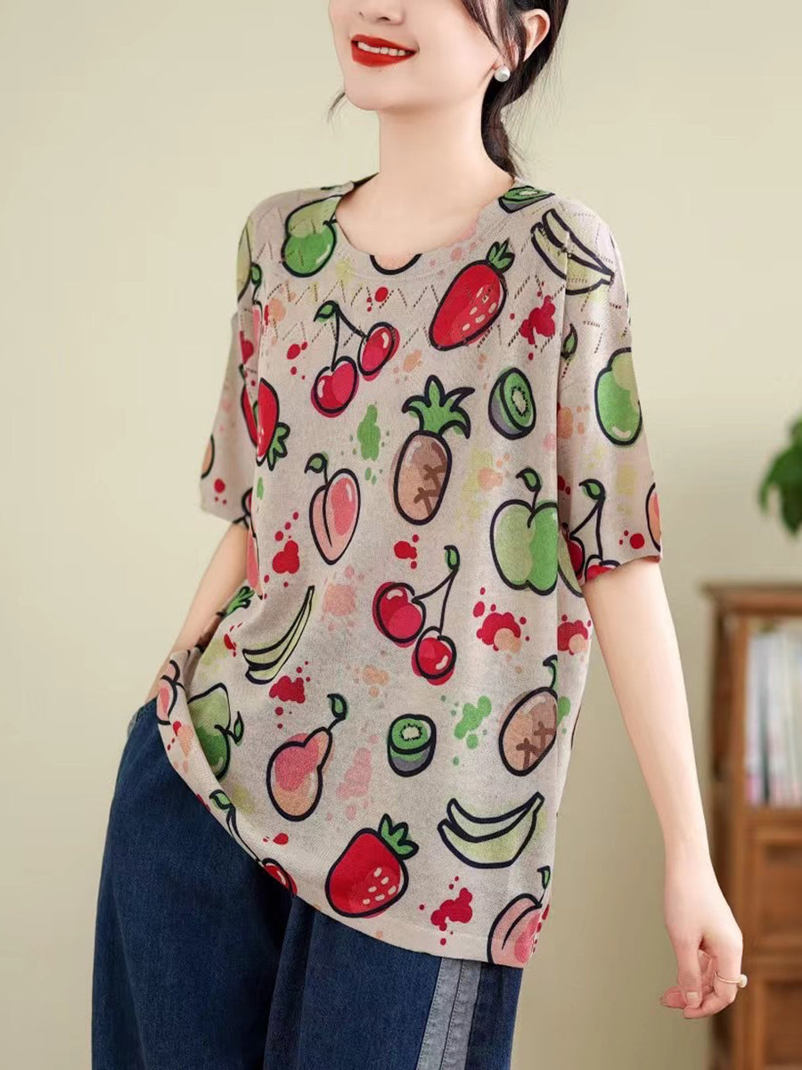 Women Summer Vintage Print Cutout O-Neck Shirt