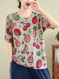 Thumbnail for Women Summer Vintage Print Cutout O-Neck Shirt