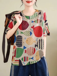 Thumbnail for Women Summer Vintage Print Cutout O-Neck Shirt