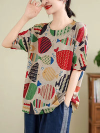 Thumbnail for Women Summer Vintage Print Cutout O-Neck Shirt