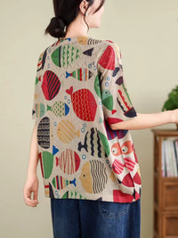 Thumbnail for Women Summer Vintage Print Cutout O-Neck Shirt