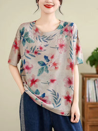 Thumbnail for Women Summer Vintage Print Cutout O-Neck Shirt