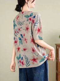 Thumbnail for Women Summer Vintage Print Cutout O-Neck Shirt