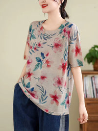 Thumbnail for Women Summer Vintage Print Cutout O-Neck Shirt