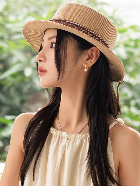 Women Summer Ethnic Straw Flat Top Travel Hat