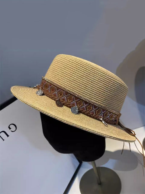 Women Summer Ethnic Straw Flat Top Travel Hat