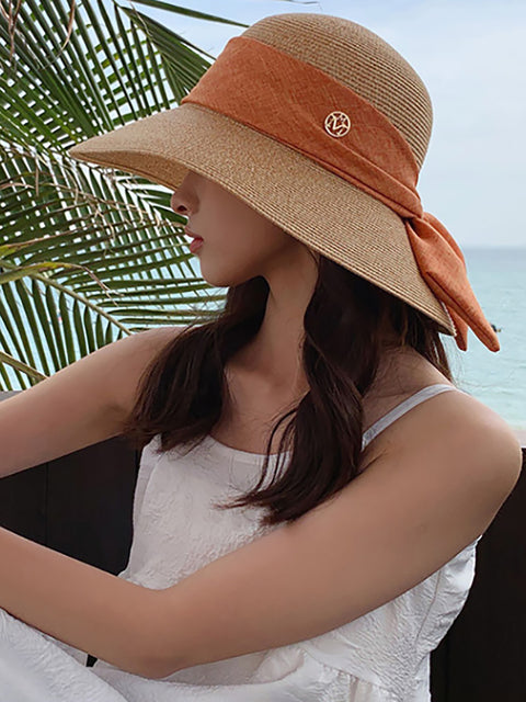 Chapeau de voyage d'été en paille à blocs de couleurs pour femmes