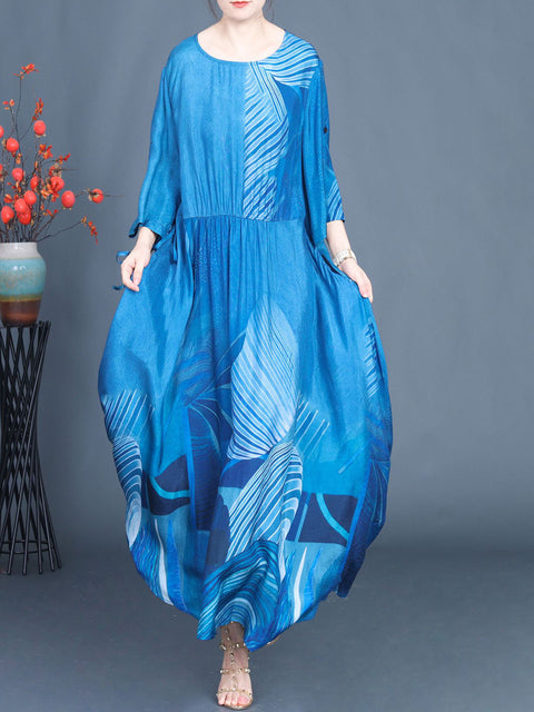 Robe longue d'été décontractée à imprimé bleu à col rond pour femme