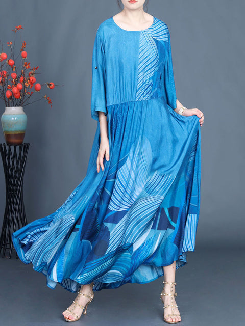 Robe longue d'été décontractée à imprimé bleu à col rond pour femme