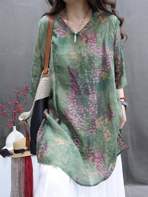 Plus Size Women Summer Vintage Flower V-Neck Ramie Long Shirt