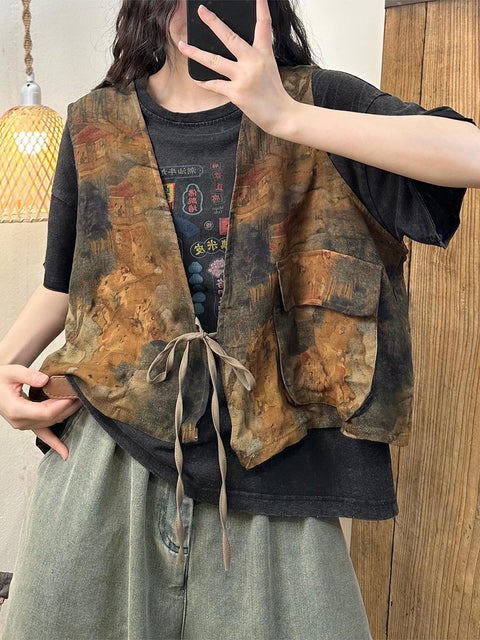 Gilet d'été en coton à bretelles et poches pour femme avec motif floral vintage