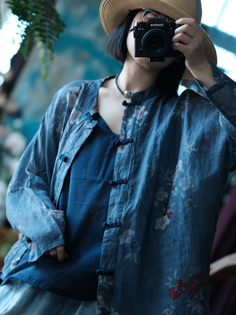 Chemise d'été en lin boutonnée à fleurs artistiques pour femmes