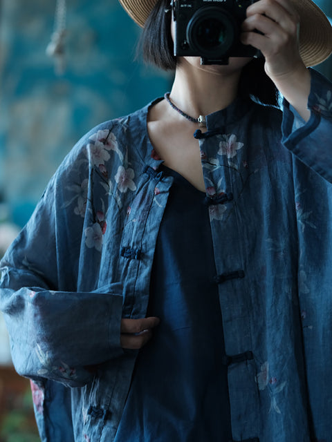 Chemise d'été en lin boutonnée à fleurs artistiques pour femmes