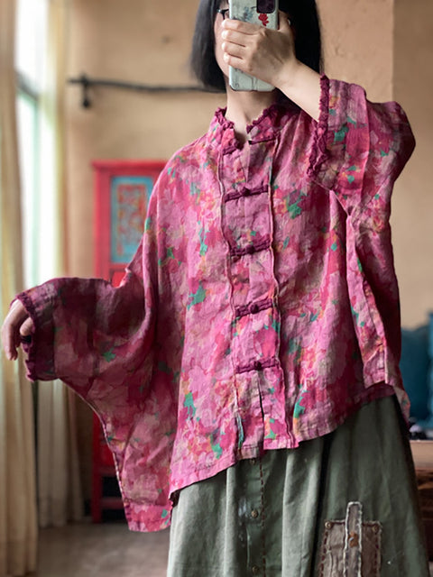 Chemise boutonnée en lin à bords bruts et à fleurs vintage pour femme