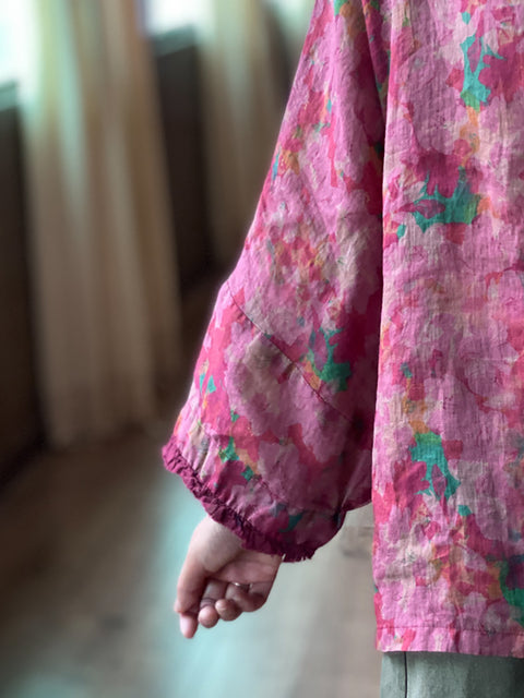 Chemise boutonnée en lin à bords bruts et à fleurs vintage pour femme